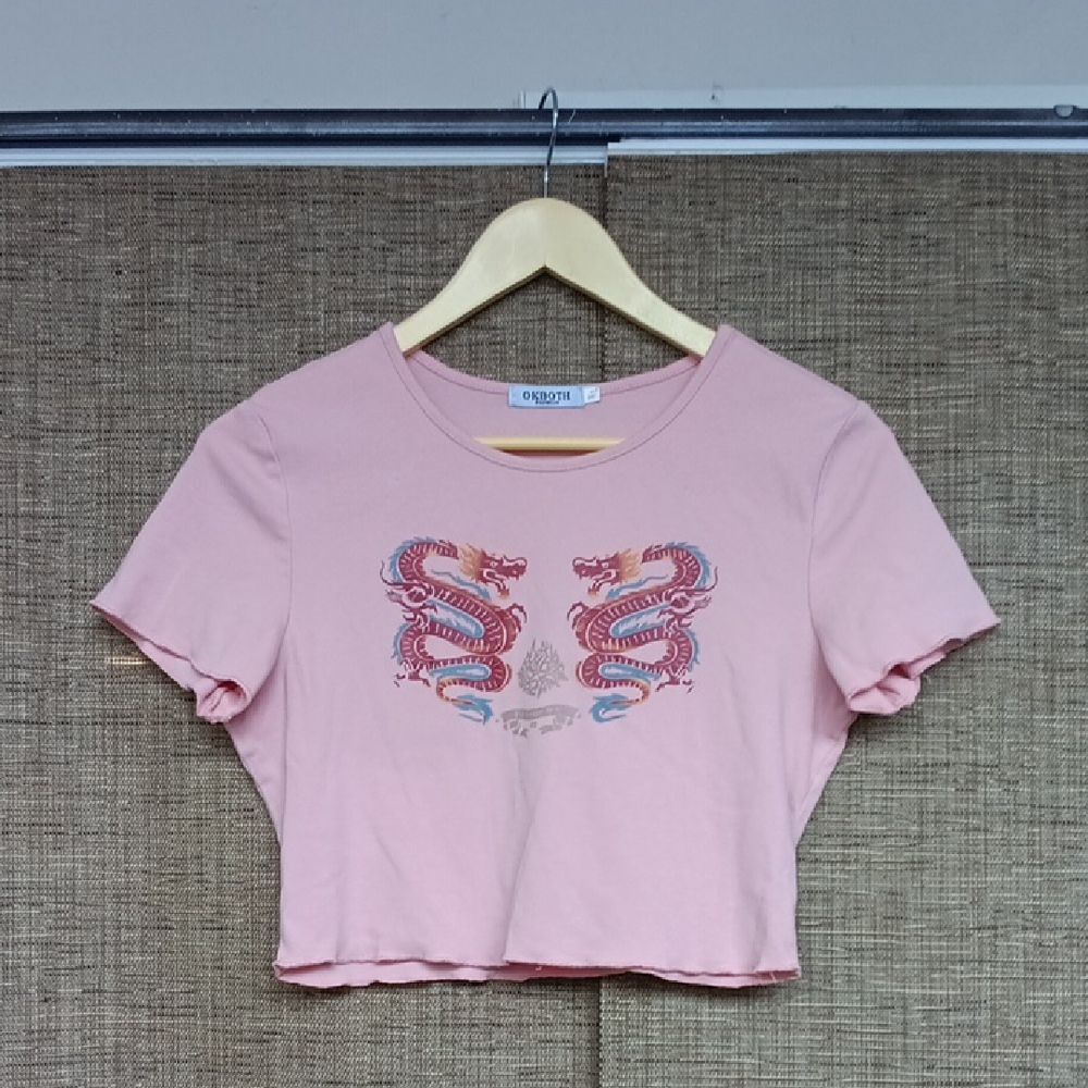 Pink Dragon Print Cotton  Crop Top